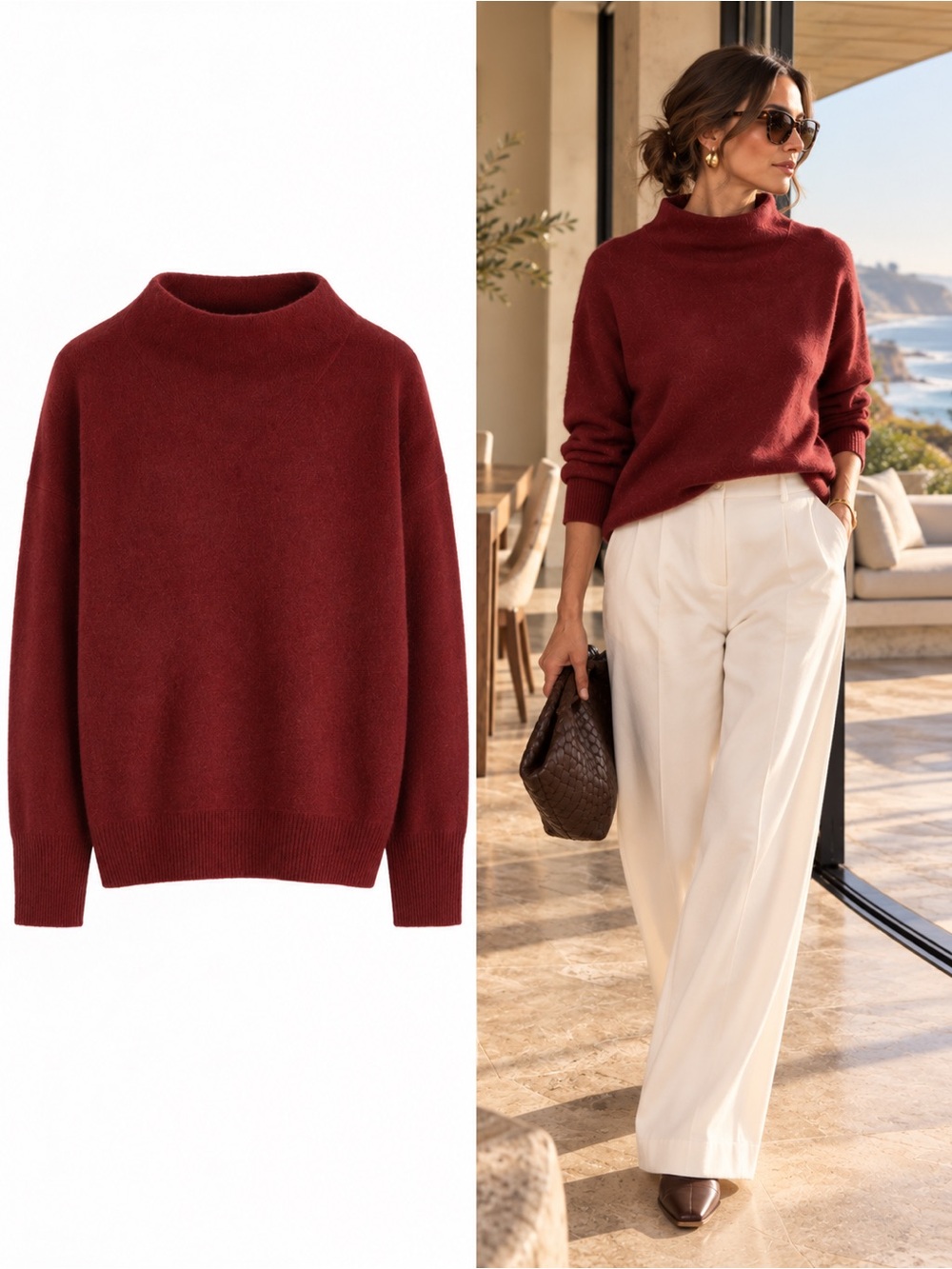 Vince 100% Cashmere Funnel Neck Sweater Bordeaux Red Size Large